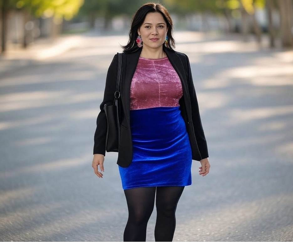 modelka w dwukolorowej sukience i czarnej marynarce