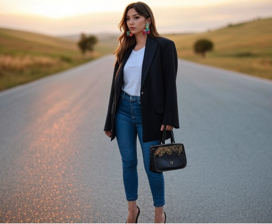 modelka w czarnej marynarce, białej koszulce i eleganckiej torebce