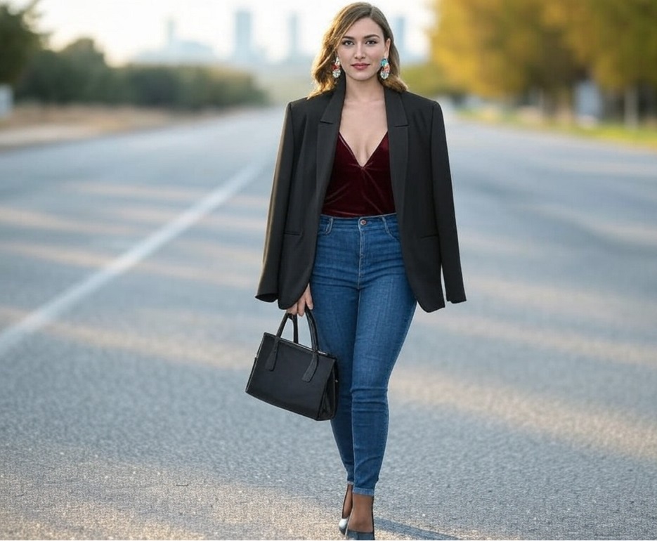 elegancka kobieta w bordowej bluzce i marynarce oversize